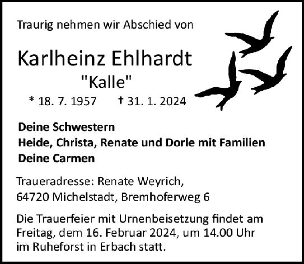  Traueranzeige für Karlheinz Ehlhardt vom 10.02.2024 aus Odenwälder Echo