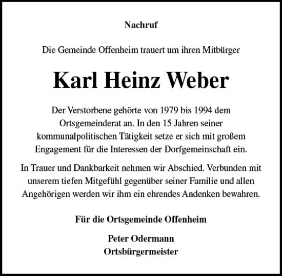 Traueranzeige von Karl Heinz Weber von Allgemeine Zeitung Alzey
