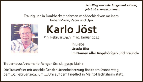 Traueranzeige von Karlo Jöst von Allgemeine Zeitung Mainz