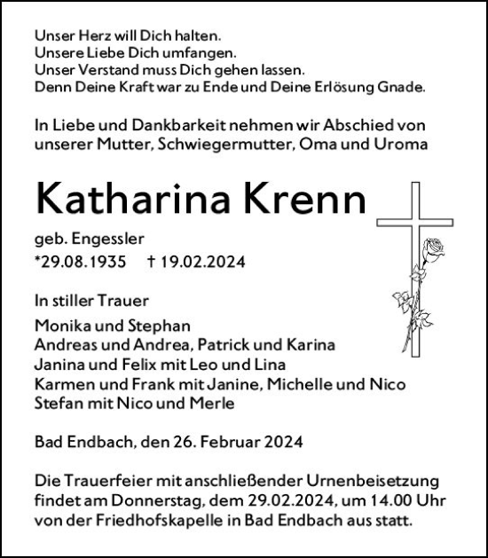 Traueranzeige von Katharina Krenn von Hinterländer Anzeiger