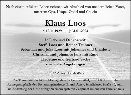 Traueranzeige von Klaus Loos von Allgemeine Zeitung Alzey
