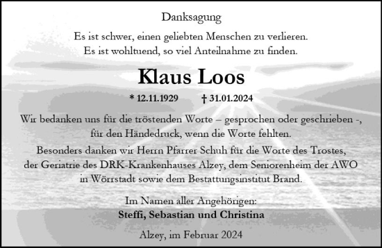 Traueranzeige von Klaus Loos von Allgemeine Zeitung Alzey