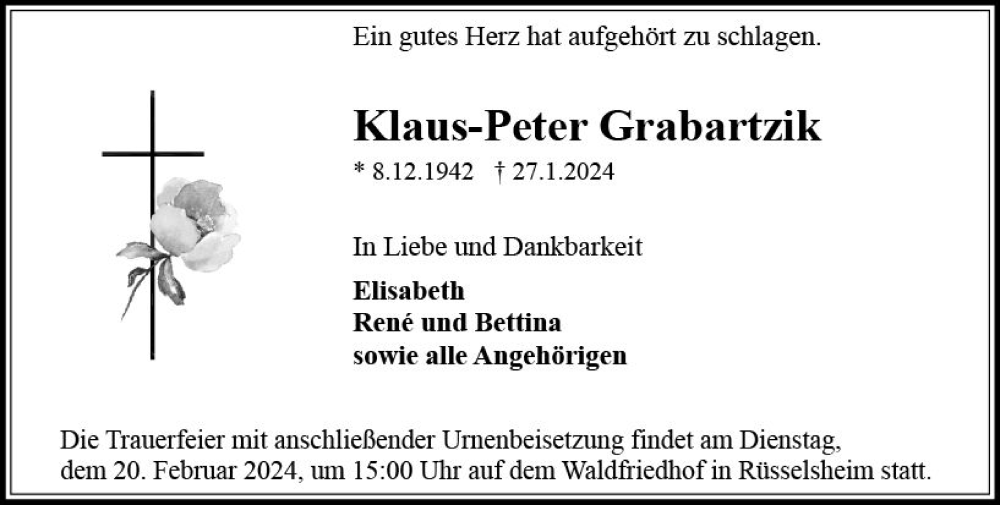  Traueranzeige für Klaus-Peter Grabartzik vom 10.02.2024 aus Rüsselsheimer Echo