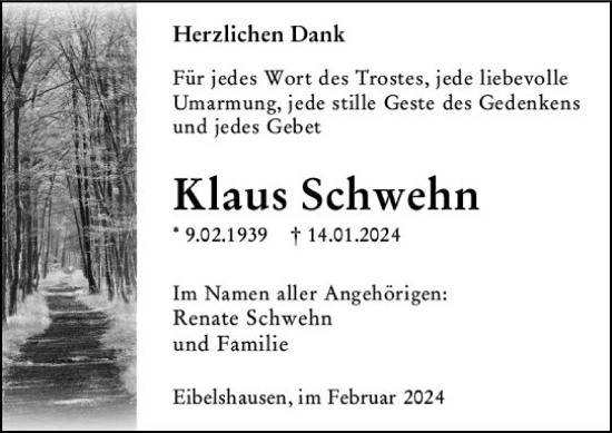 Traueranzeige von Klaus Schwehn von Dill Block