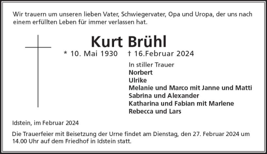 Traueranzeige von Kurt Brühl von Idsteiner Land/Untertaunus