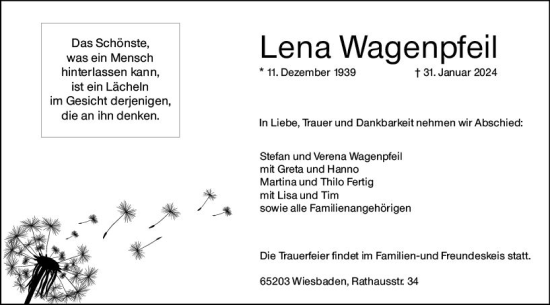 Traueranzeige von Lena Wagenpfeil von Wiesbadener Kurier