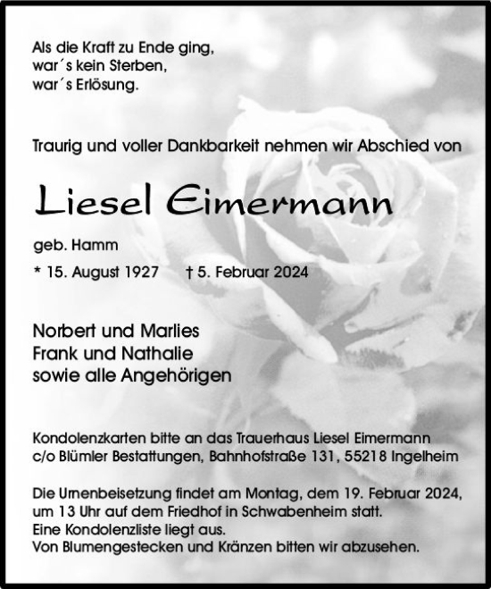 Traueranzeige von Liesel Eimermann von Allgemeine Zeitung Bingen/Ingelheim