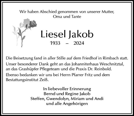 Traueranzeige von Liesel Jakob von Starkenburger Echo