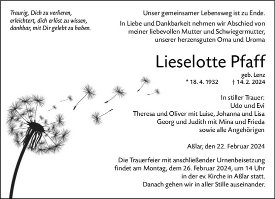 Traueranzeige von Lieselotte Pfaff von Wetzlarer Neue Zeitung