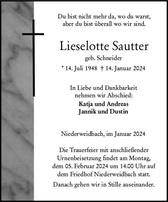 Traueranzeige von Lieselotte Sautter von Wetzlarer Neue Zeitung