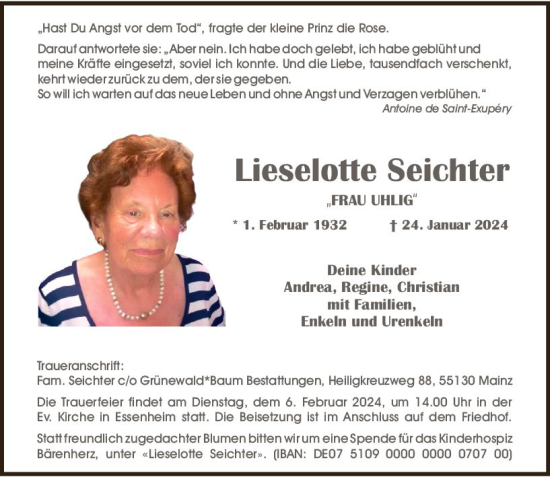 Traueranzeige von Lieselotte Seichter von Allgemeine Zeitung Mainz