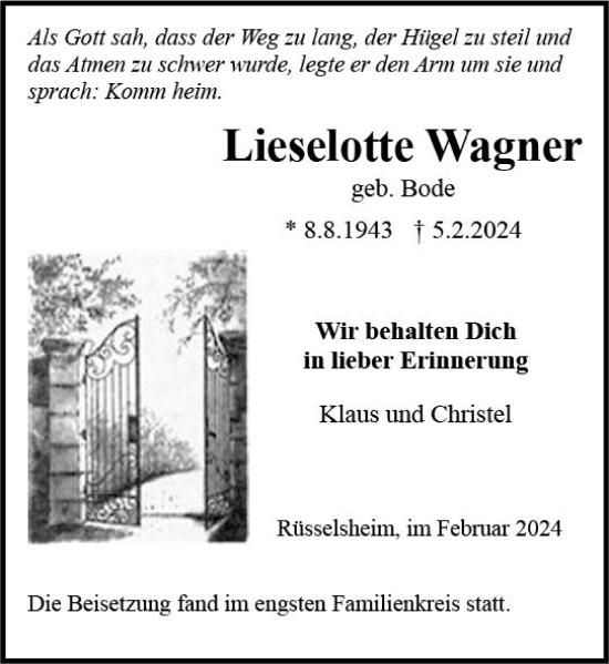 Traueranzeige von Lieselotte Wagner von Rüsselsheimer Echo
