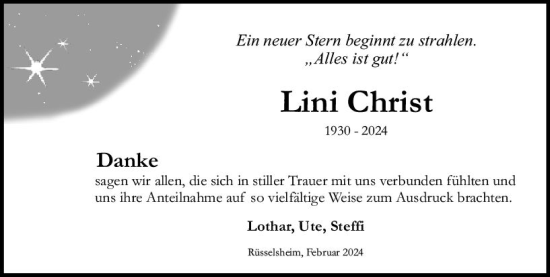 Traueranzeige von Lini Christ von Rüsselsheimer Echo