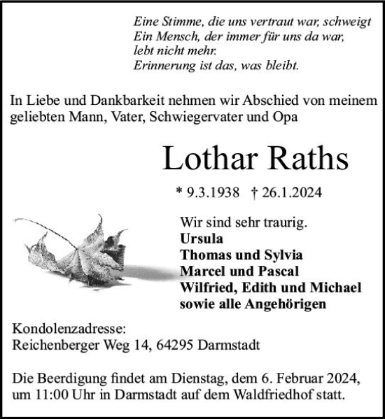 Traueranzeige von Lothar Raths von Darmstädter Echo