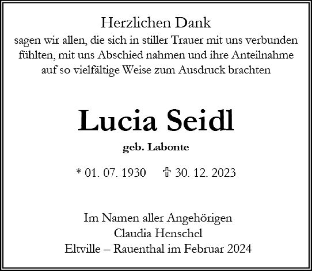 Traueranzeige für Lucia Seidl vom 10.02.2024 aus Wiesbadener Kurier