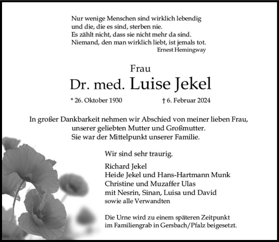 Traueranzeige von Luise Jekel von Allgemeine Zeitung Mainz