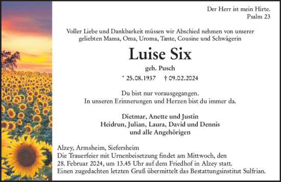 Traueranzeige von Luise Six von Allgemeine Zeitung Alzey