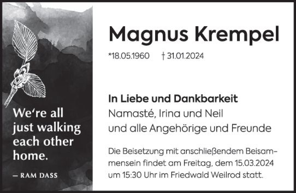  Traueranzeige für Magnus Krempel vom 17.02.2024 aus Weilburger Tageblatt
