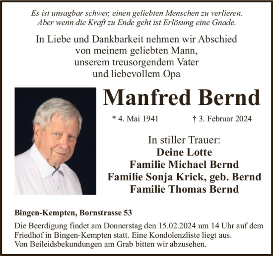 Traueranzeige von Manfred Bernd von Binger-/Ingelheimer Wochenblatt