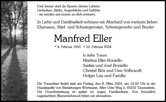 Traueranzeige von Manfred Eller von Wiesbadener Kurier