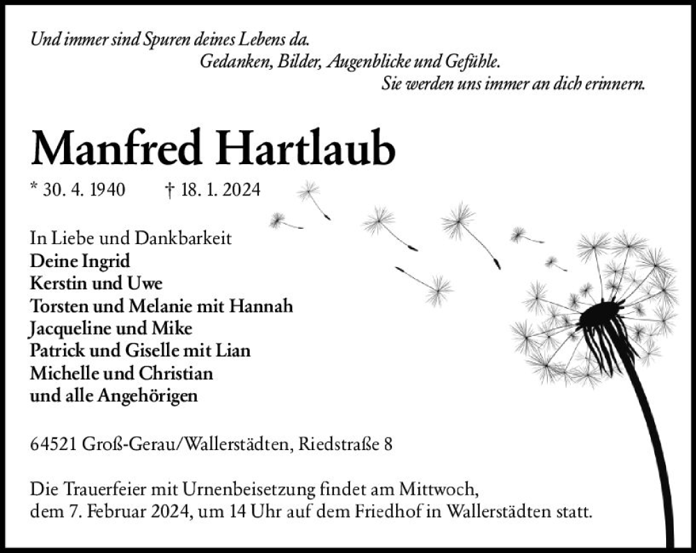  Traueranzeige für Manfred Hartlaub vom 03.02.2024 aus Groß-Gerauer Echo