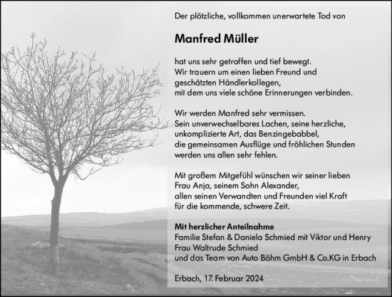 Traueranzeige von Manfred Müller von Odenwälder Echo