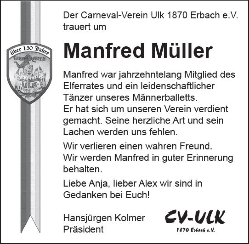  Traueranzeige für Manfred Müller vom 17.02.2024 aus Odenwälder Echo