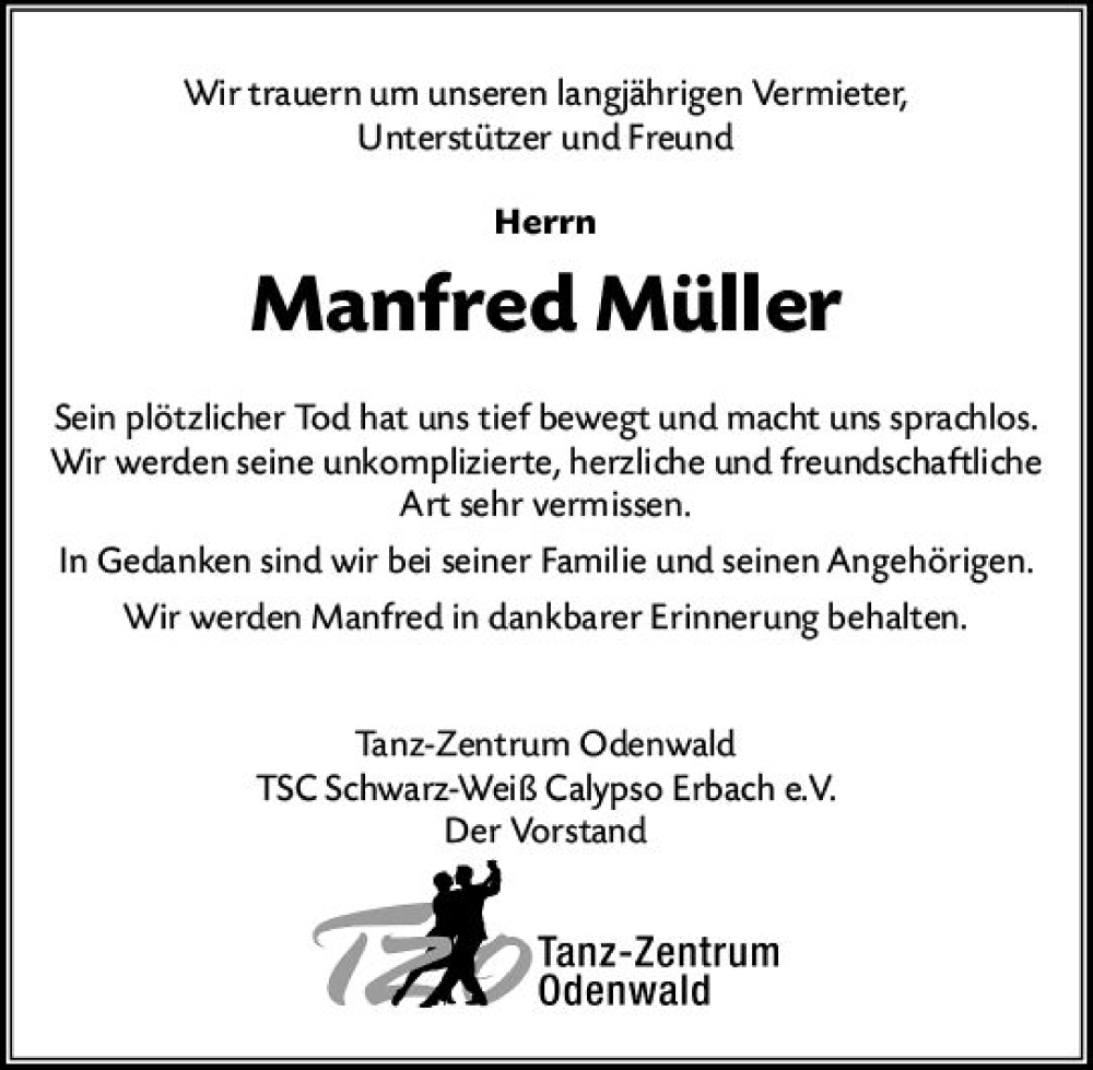  Traueranzeige für Manfred Müller vom 24.02.2024 aus Odenwälder Echo