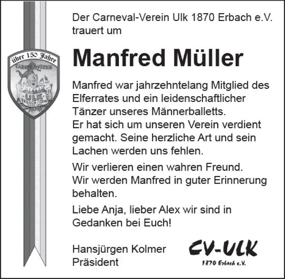  Traueranzeige für Manfred Müller vom 21.02.2024 aus Odenwälder Echo