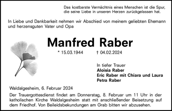 Traueranzeige von Manfred Raber von Allgemeine Zeitung Bingen/Ingelheim
