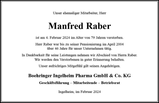Traueranzeige von Manfred Raber von Allgemeine Zeitung Bingen/Ingelheim