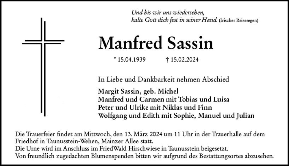  Traueranzeige für Manfred Sassin vom 24.02.2024 aus Wiesbadener Kurier