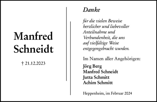 Traueranzeige von Manfred Schneidt von Starkenburger Echo