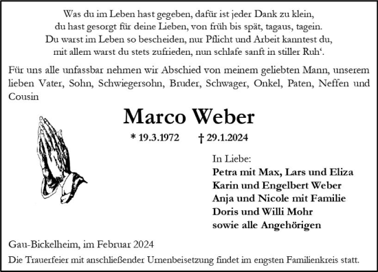 Traueranzeige von Marco Weber von Allgemeine Zeitung Alzey