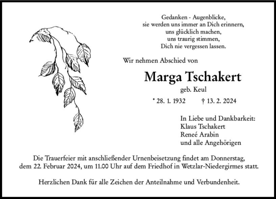 Traueranzeige von Marga Tschakert von Wetzlarer Neue Zeitung