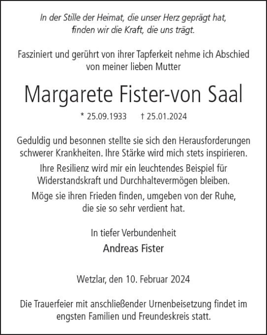 Traueranzeige von Margarete Eister-von Saal von Wetzlarer Neue Zeitung