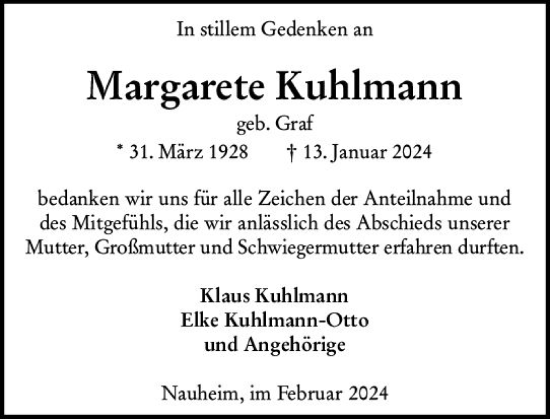 Traueranzeige von Margarete Kuhlmann von Groß-Gerauer Echo