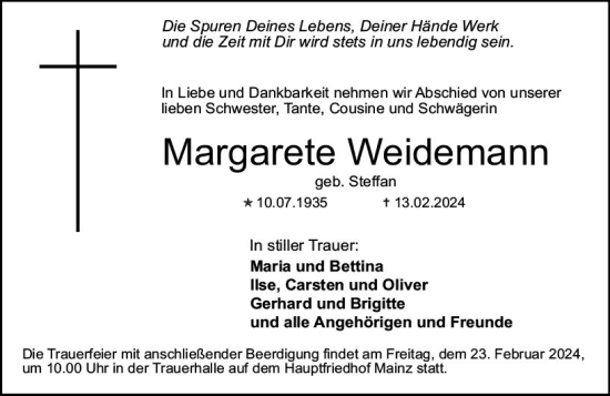Traueranzeige von Margarete Weidemann von Allgemeine Zeitung Mainz