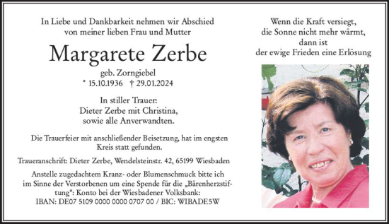 Traueranzeige von Margarete Zerbe von Wiesbadener Kurier
