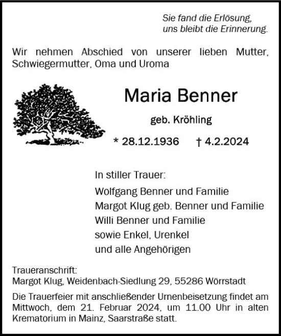 Traueranzeige von Maria Berner von Allgemeine Zeitung Mainz