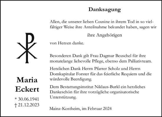 Traueranzeige von Maria Eckert von Allgemeine Zeitung Mainz