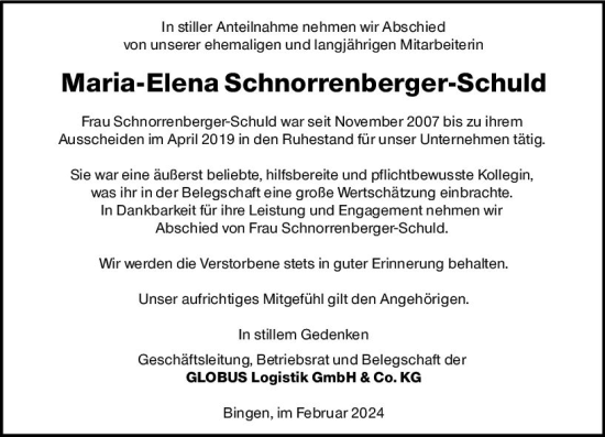 Traueranzeige von Maria-Elena Schnorrenberger-Schuld von Allgemeine Zeitung Bad Kreuznach