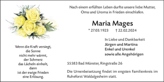 Traueranzeige von Maria Mages von Allgemeine Zeitung Bad Kreuznach