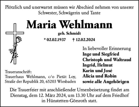 Traueranzeige von Maria Wehlmann von Wiesbadener Kurier