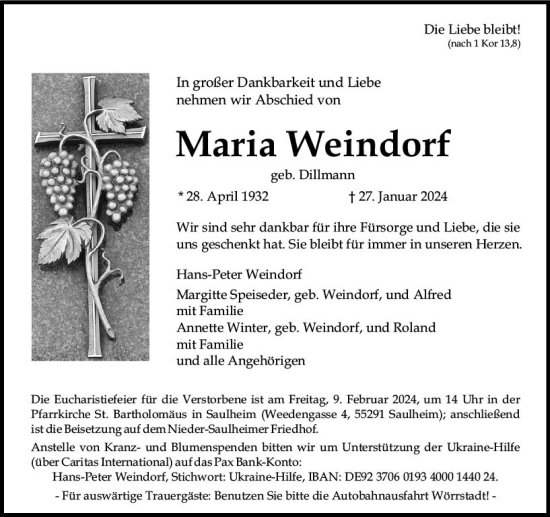 Traueranzeige von Maria Weindorf von Allgemeine Zeitung Mainz