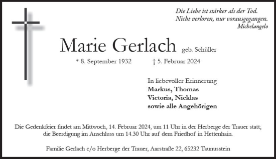 Traueranzeige von Marie Gerlach von Wiesbadener Kurier