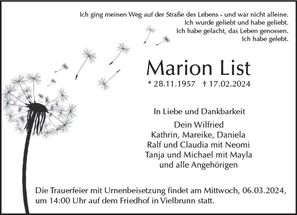  Traueranzeige für Marion List vom 24.02.2024 aus Odenwälder Echo