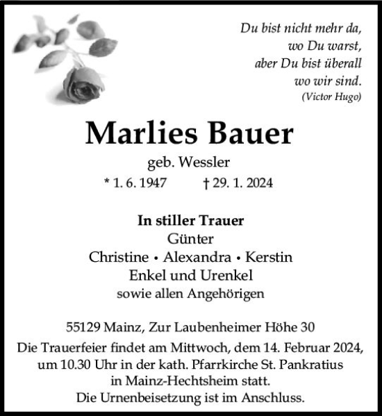Traueranzeige von Markes Bauer von Allgemeine Zeitung Mainz