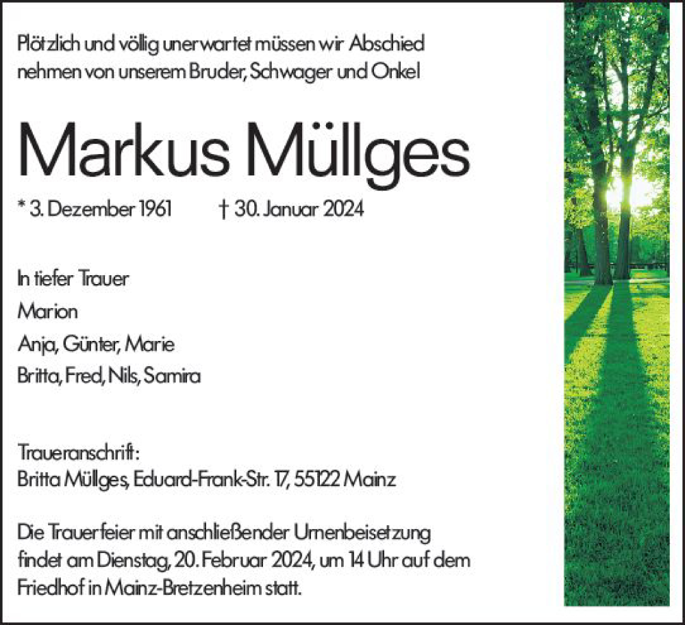  Traueranzeige für Markus Müllges vom 17.02.2024 aus Allgemeine Zeitung Mainz