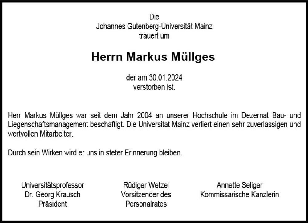  Traueranzeige für Markus Müllges vom 17.02.2024 aus Allgemeine Zeitung Mainz